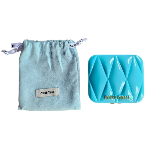 Miu Miu Beauty Turquoise/Tiffany Blue and Gold Quilted Travel Mirror NEW - Picture 3 of 3
